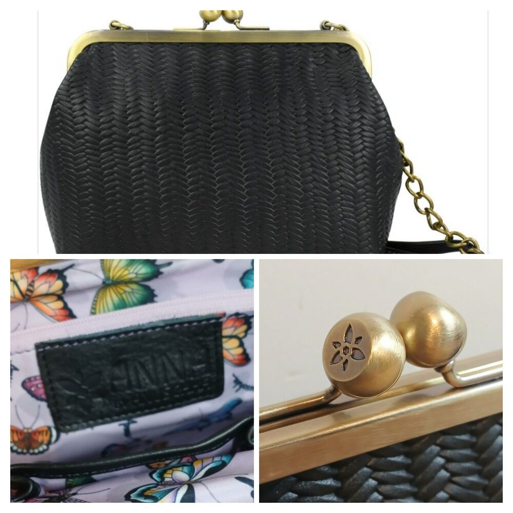 ANNA ANUSCHKA Bag Black Crossbody Woven Leather w Clasp Butterfly Lining  NEW